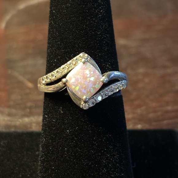 EUC Pink opal with white sapphire sterling silver ring size 8 - Picture 1 of 6